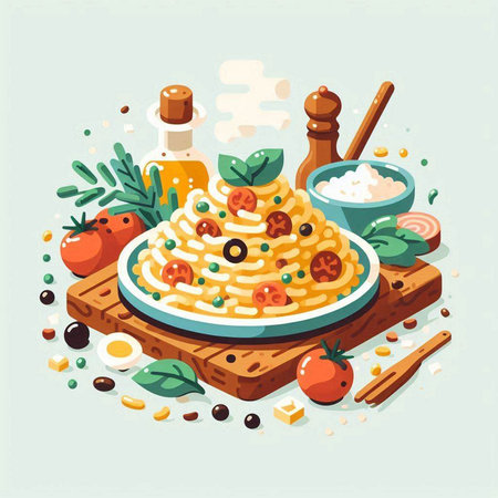 Illustration of pasta with tomato sauce, olives and herbs.のイラスト素材