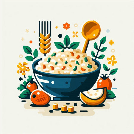 Vector illustration of a bowl of oatmeal with fruits and vegetables.のイラスト素材