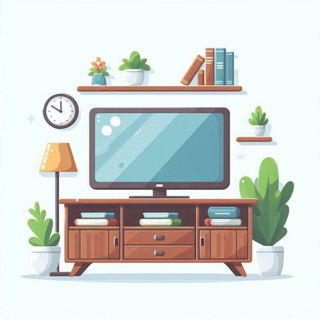 Vector illustration of modern living room interior with TV, bookshelf, plants and clockのイラスト素材