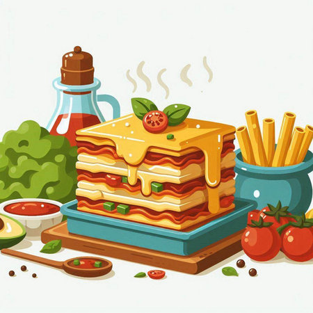 Illustration of lasagna with tomato sauce and french fries on a white backgroundのイラスト素材