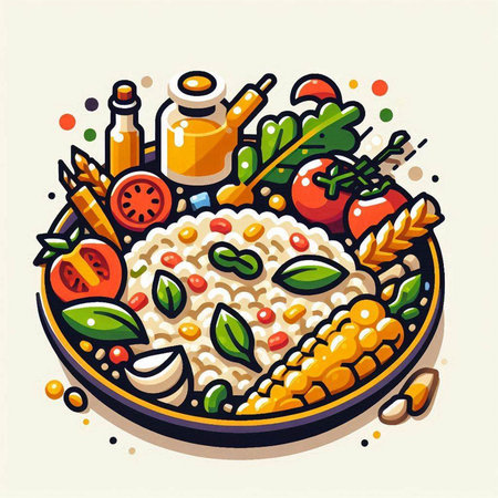 Vector illustration of a bowl of cooked porridge with fresh vegetables.のイラスト素材