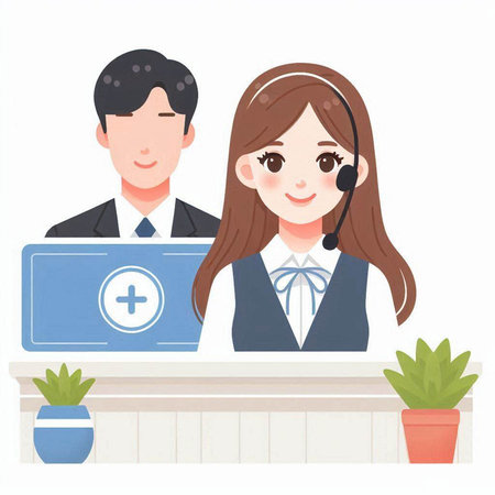 Illustration of a receptionist and customer service staff in a call centerのイラスト素材