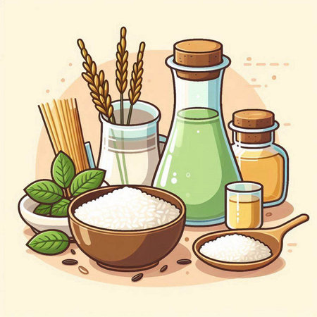 Illustration of a set of products for rice on a light backgroundのイラスト素材