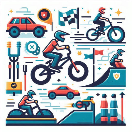 Bike racing flat icons set. Vector illustration of bikers in helmet riding on road, riding on bicycle, jumping on ramp.のイラスト素材