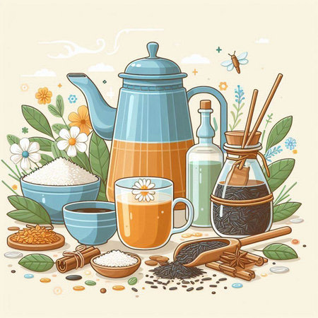 Vector illustration of a set of natural products for tea and coffee.のイラスト素材