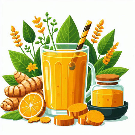 Vector illustration of a glass of fresh orange juice with ginger root and leavesのイラスト素材