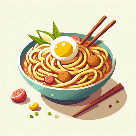 Bowl of noodle with egg and chopsticks. Vector illustration.のイラスト素材