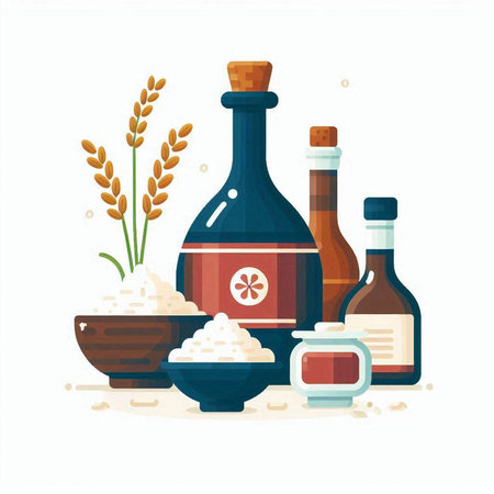 Soy sauce in bottles and jars. Vector illustration in flat styleのイラスト素材