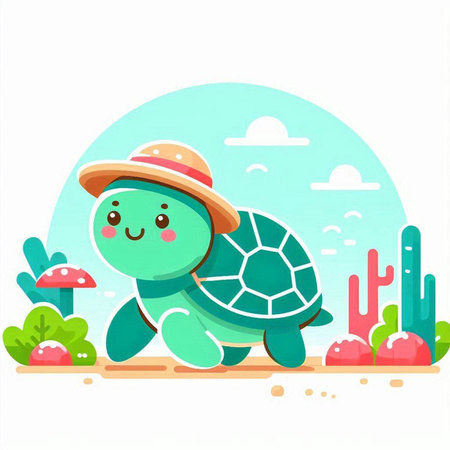 Cute cartoon turtle in a hat on the beach. Vector illustrationのイラスト素材