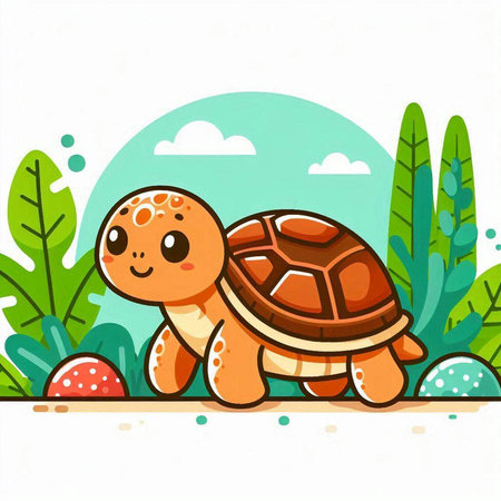 Cute cartoon turtle on the background of the summer landscape. Vector illustrationのイラスト素材