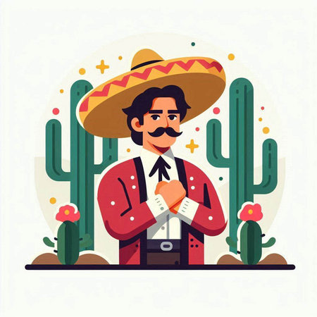 Mexican man in sombrero and cactus flat vector illustration.のイラスト素材