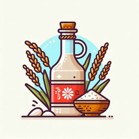 Rice oil in glass bottle and bowl with rice grains. Vector illustration.のイラスト素材