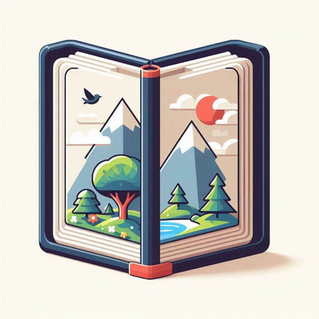 Open book with mountains and trees. Vector illustration in retro style.のイラスト素材