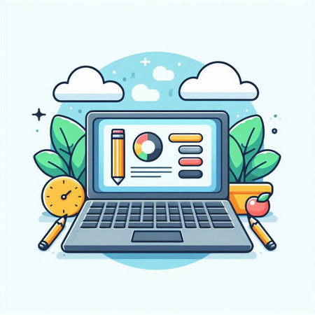 Vector illustration of laptop with pencil, magnifier, magnifier and plant. Flat style design.のイラスト素材
