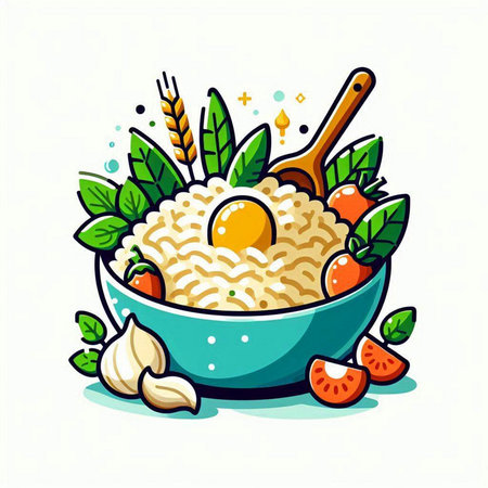Illustration of a bowl of rice with fresh vegetables and fruits.のイラスト素材