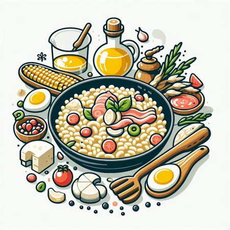 Risotto with salmon and vegetables in a frying pan. Vector illustration.のイラスト素材