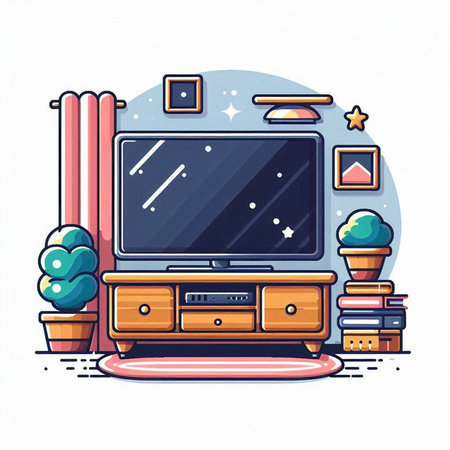 Living room interior with TV, books and other objects. Vector illustration.のイラスト素材