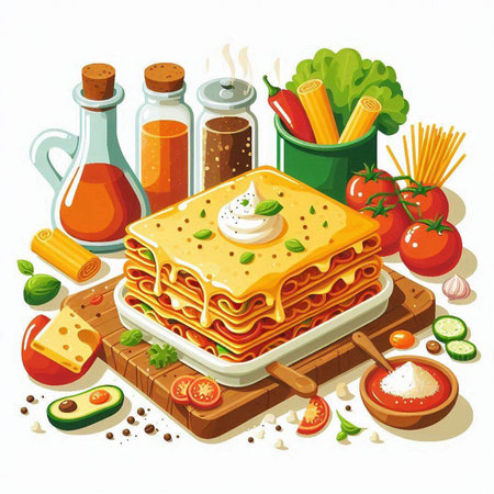 Illustration of lasagna with vegetables and sauce on a white backgroundのイラスト素材