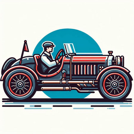 Illustration of a vintage car with driver viewed from side set inside circle on isolated background done in retro style.のイラスト素材