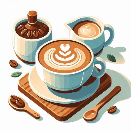 Coffee cups with latte art and wooden spoon. Vector illustration.のイラスト素材