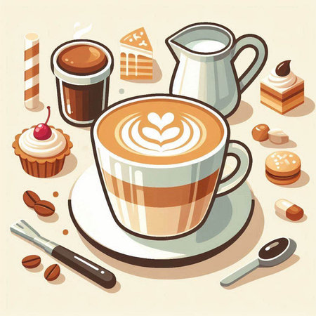 Cup of coffee with latte art and sweets, vector illustrationのイラスト素材