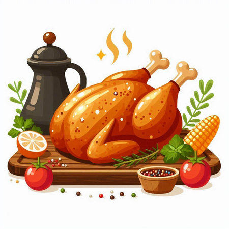 Roast chicken with vegetables and spices on wooden board. Vector illustrationのイラスト素材