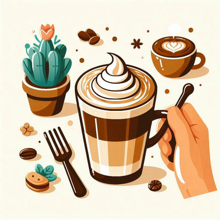 Coffee cup with whipped cream and coffee beans, flat style vector illustration.のイラスト素材
