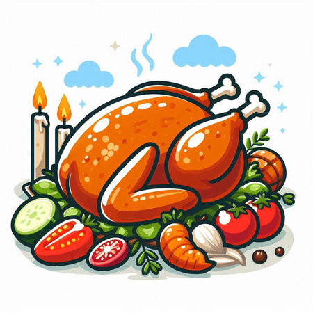 Illustration of a Roast Chicken with Vegetables and Candlesのイラスト素材