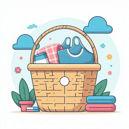 Wicker basket with clean clothes. Vector illustration in cartoon style.のイラスト素材