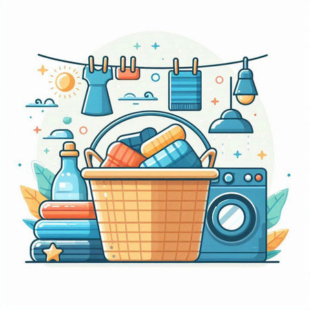 Laundry basket with washing machine and cleaning products. Vector illustrationのイラスト素材