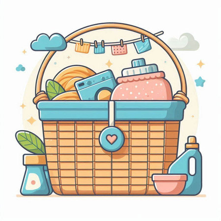 Vector illustration of a basket with clothespins, detergents, soap and towels.のイラスト素材