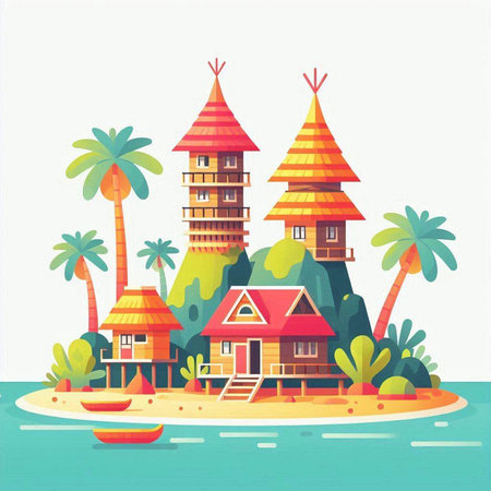 Tropical island with houses and palm trees. Vector illustration.のイラスト素材