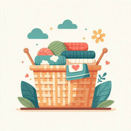 Wicker basket with knitted clothes. Vector illustration in flat styleのイラスト素材