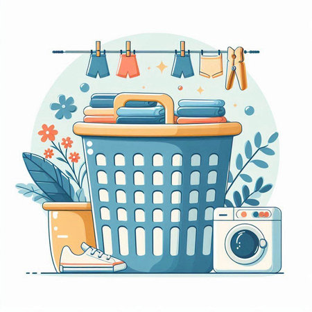 Laundry basket with clothes and washing machine. Vector illustration.のイラスト素材