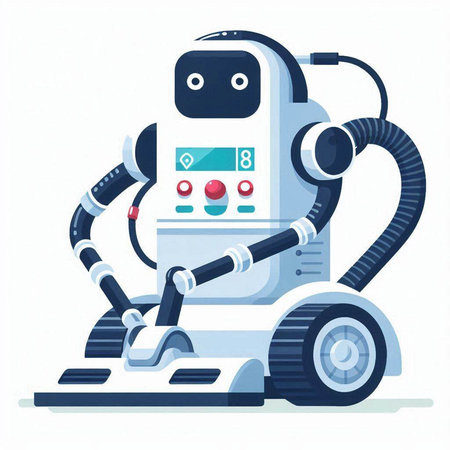 Robot with vacuum cleaner. Vector illustration in flat cartoon style.のイラスト素材