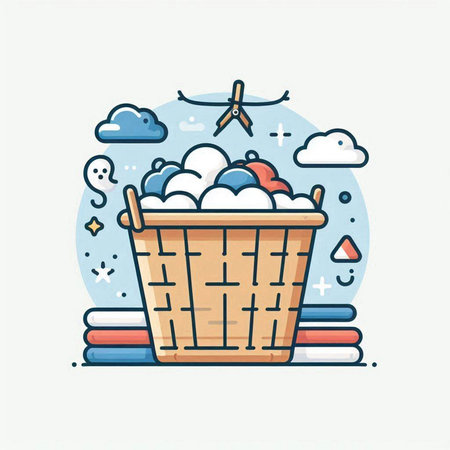 Basket with laundry and clothes. Vector illustration in line style.のイラスト素材