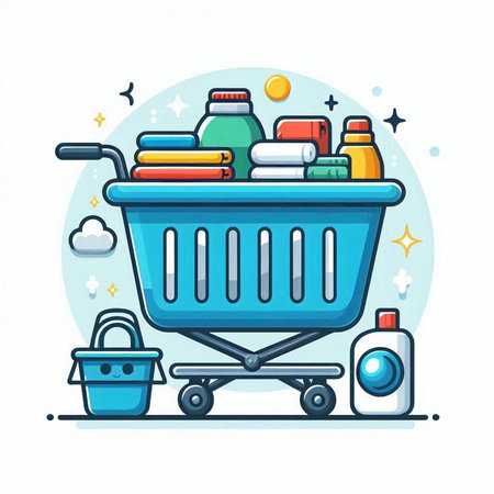 Shopping cart with cleaning products. Vector illustration in flat style.のイラスト素材