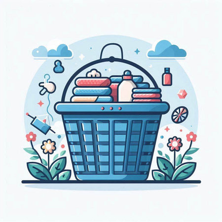 Shopping basket with cleaning products. Vector illustration in flat style.のイラスト素材
