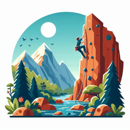 Climbing on the rocks in the mountains. Vector illustration.のイラスト素材