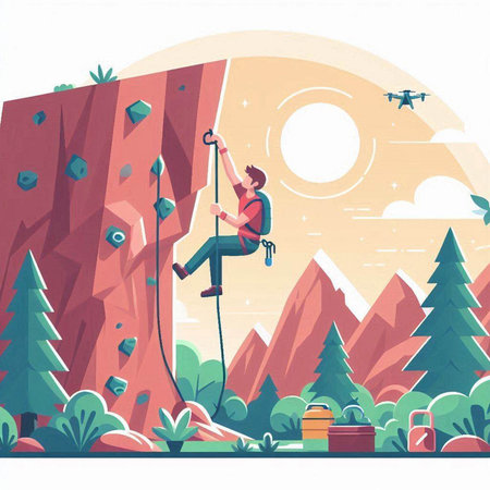 Climbing vector illustration. Cartoon man climbing on a rock in the mountains.のイラスト素材