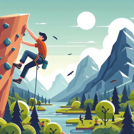 Young man climbing a rock wall at the lake. Vector illustration.のイラスト素材