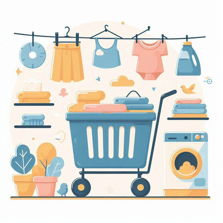 Laundry service concept. Laundry basket with clothespins, dryer, ironing board, clothes dryer, washing machine. Vector illustrationのイラスト素材