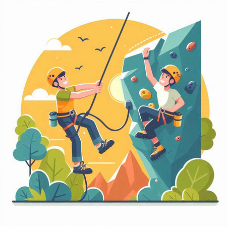 Climbing flat color vector illustration. Cartoon man and woman climbing on rocks. Extreme sport, hobby and leisure activity conceptのイラスト素材