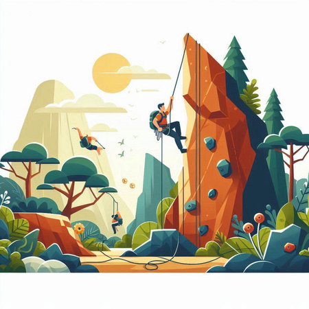 Vector illustration of rock climber climbing on a cliff in the forestのイラスト素材