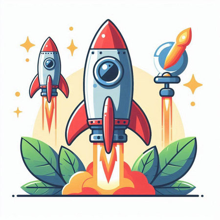 Cartoon rocket launch. Vector illustration in flat design style. Isolated on white background.のイラスト素材