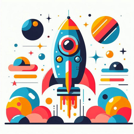 Rocket in space with planets and stars. Vector illustration in flat styleのイラスト素材