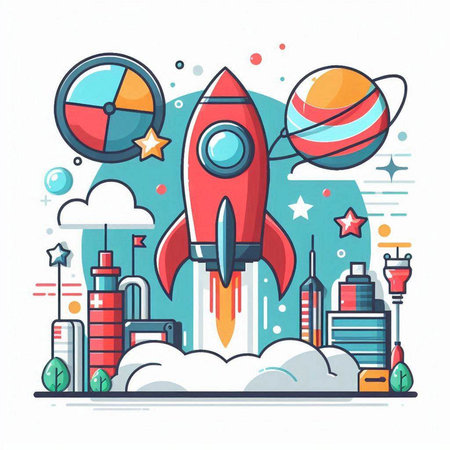 Rocket launch vector illustration. Start up concept. Modern flat line art design.のイラスト素材