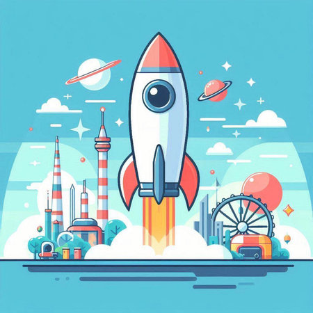 Rocket launch in space. Flat style vector illustration on blue background.のイラスト素材