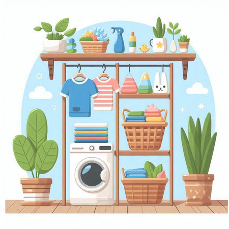 Laundry room with washing machine, laundry basket, clothes and accessories. Flat vector illustration.のイラスト素材