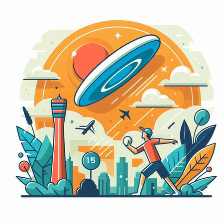 Vector illustration of flying saucer in the sky over the city.のイラスト素材